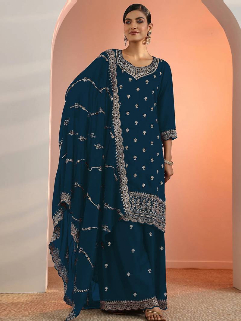 Royal blue embroidered blooming fox georgette palazzo salwar suit