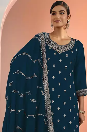Royal blue embroidered blooming georgette palazzo salwar suit