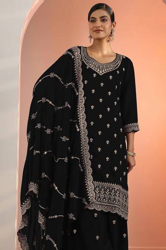Black embroidered blooming fox georgette palazzo salwar suit