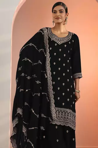 Black embroidered blooming georgette palazzo salwar suit