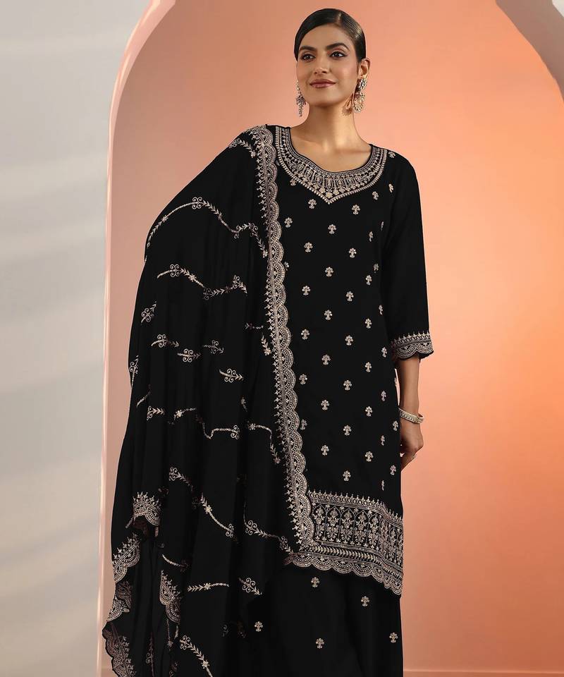 Black embroidered blooming fox georgette palazzo salwar suit