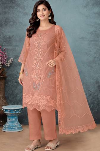 Peach color embroideried faux georgette semi stitched salwar suit