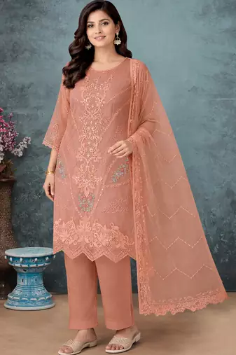 Peach color embroideried faux georgette semi stitched salwar suit