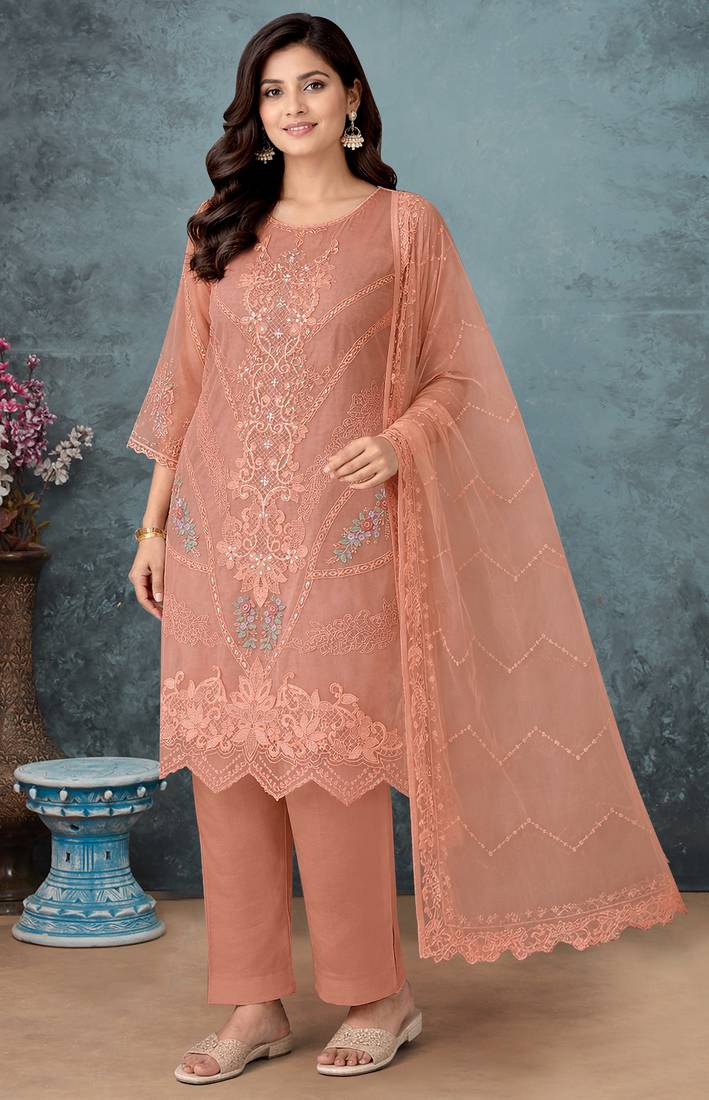 Peach color embroideried faux georgette semi stitched salwar suit