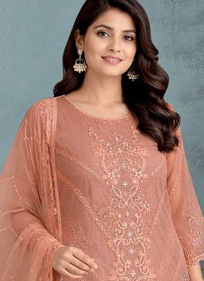 Peach color embroideried faux georgette semi stitched salwar suit 2