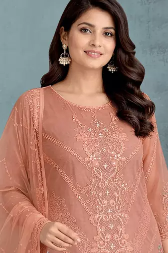 Peach color embroideried faux georgette semi stitched salwar suit