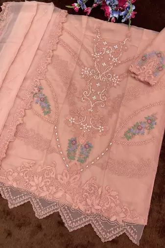 Peach color embroideried faux georgette semi stitched salwar suit