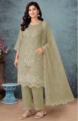 Olive green embroidered faux georgette salwar suit 1