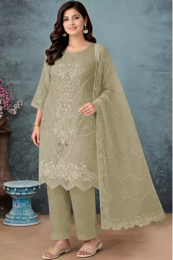 Olive green color embroideried faux georgette semi stitched salwar suit
