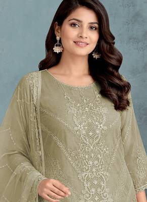 Olive green embroidered faux georgette salwar suit 2