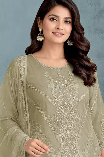 Olive green embroidered faux georgette salwar suit