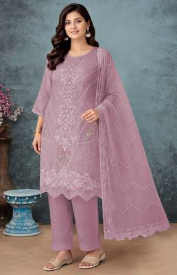 Lavender embroidered faux georgette salwar suit 1