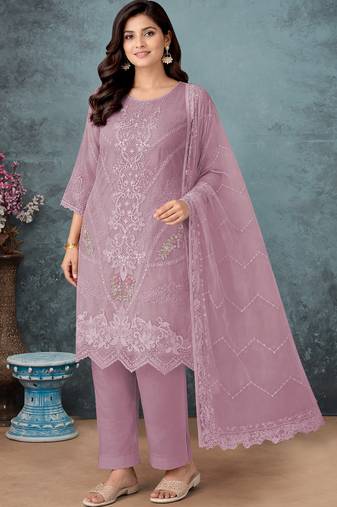 Lavender color embroideried faux georgette semi stitched salwar suit