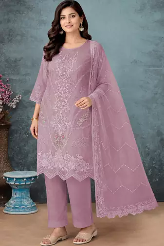 Lavender color embroideried faux georgette semi stitched salwar suit