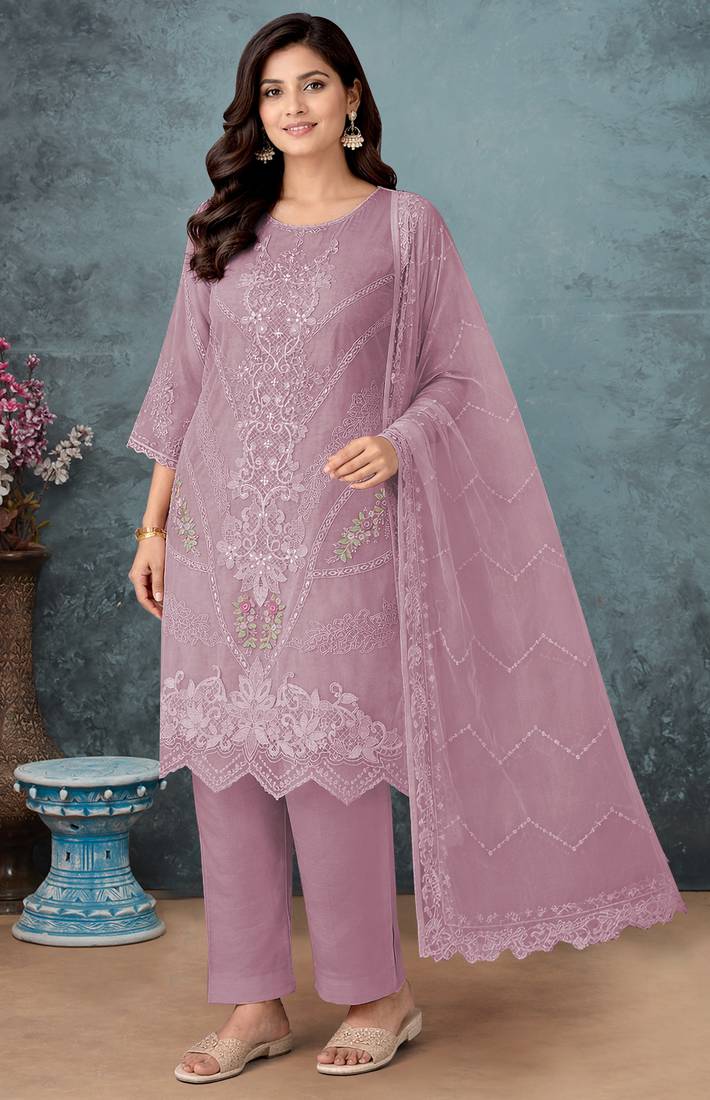 Lavender color embroideried faux georgette semi stitched salwar suit