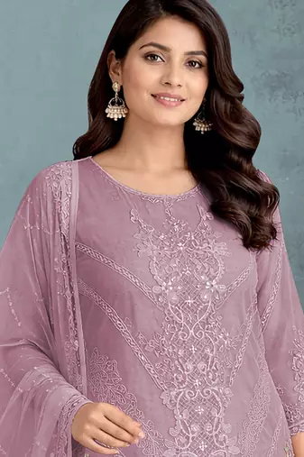 Lavender embroidered faux georgette salwar suit