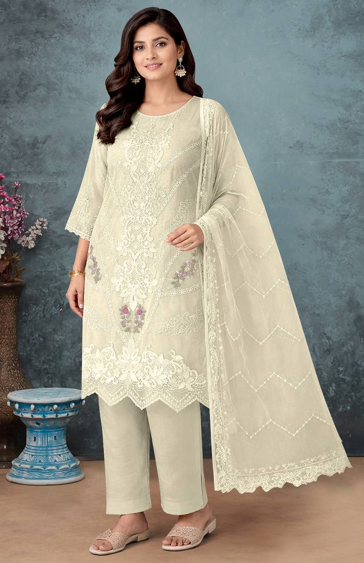 White color embroideried faux georgette semi stitched salwar suit