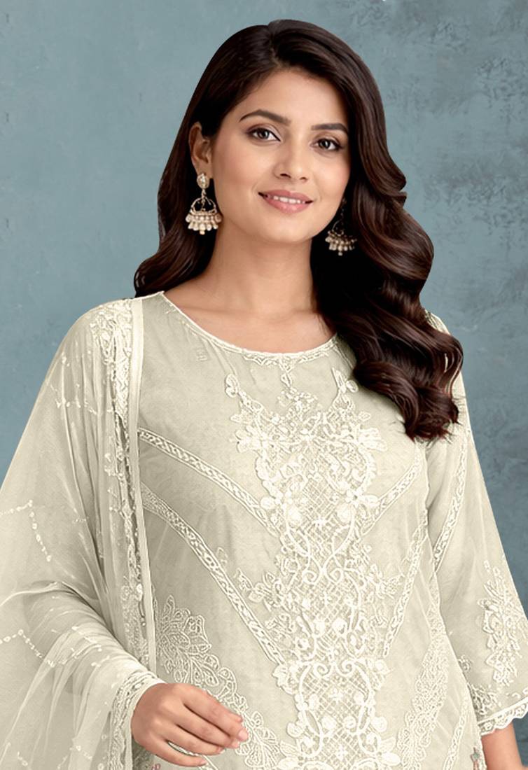 White color embroideried faux georgette semi stitched salwar suit