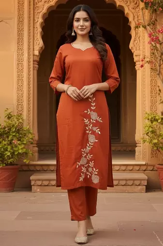 Rust embroidered  straight roman silk blend kurta set for women