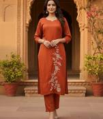Rust embroidered  straight roman silk blend kurta set for women