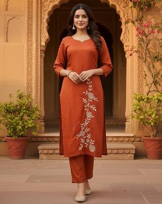 Rust embroidered  straight roman silk blend kurta set for women 4