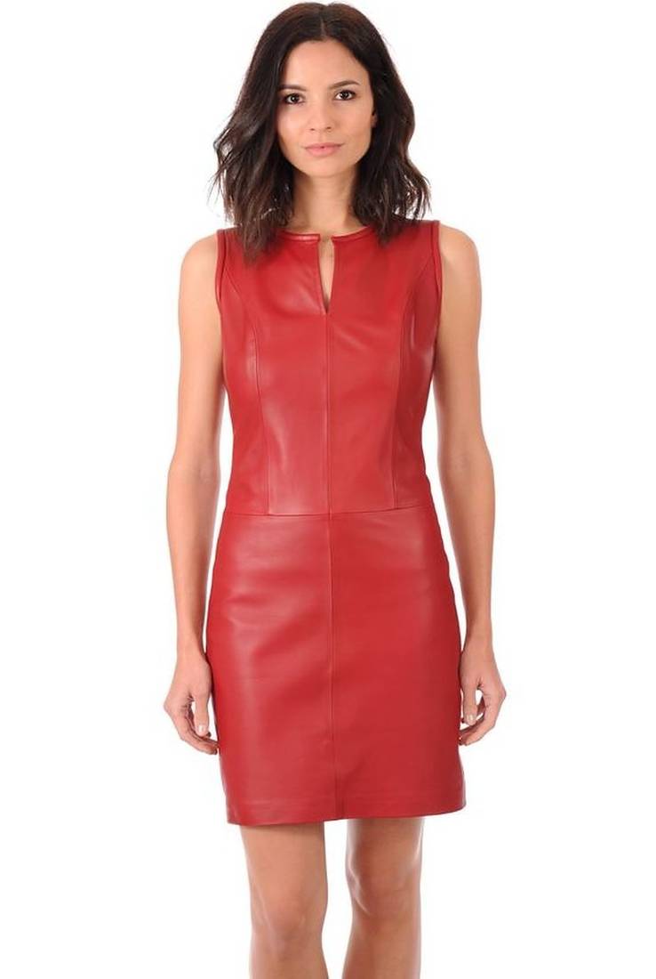 Women’s genuine lambskin red leather bodycon mini dress