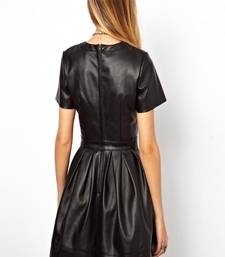 Women’s genuine lambskin black leather short sleeve mini dress