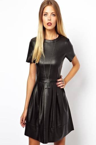Women’s genuine lambskin black leather short sleeve mini dress