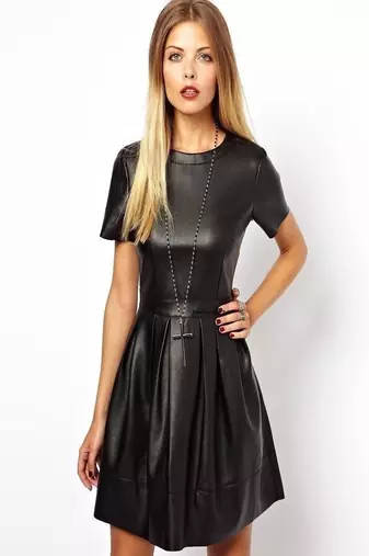 Women’s genuine lambskin black leather short sleeve mini dress
