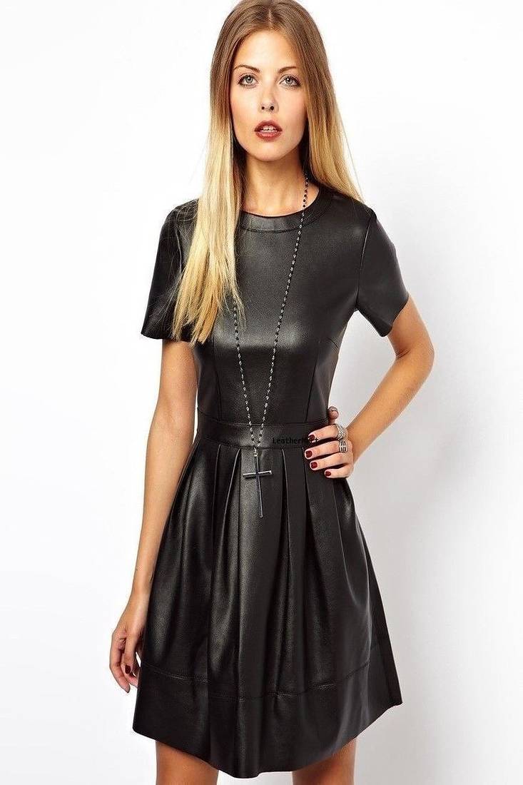 Women’s genuine lambskin black leather short sleeve mini dress