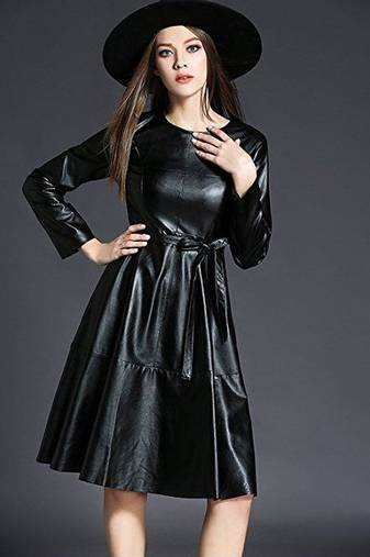 Women’s genuine black lambskin dressmesh panel mini dress