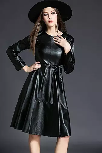 Women’s genuine black lambskin dressmesh panel mini dress