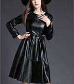 Women’s genuine black lambskin dressmesh panel mini dress