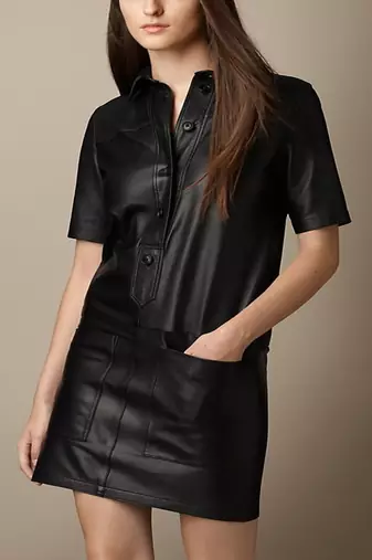 Genuine soft pure napa black leather half sleeve mini dress with front zip closure
