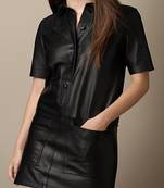 Genuine soft pure napa black leather half sleeve mini dress with front zip closure
