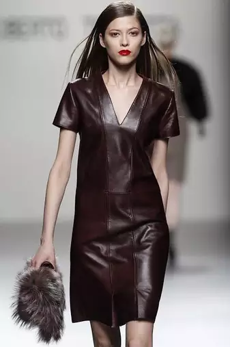 Genuine lambskin brown leather bodycon short sleeve v-neck dress