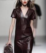 Genuine lambskin brown leather bodycon short sleeve v-neck dress