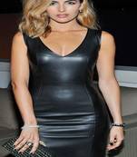 Women’s black lambskin leather bodycon mini sleeveless v neck dress