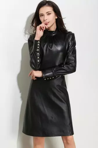 Women’s black lambskin dressstudded fit & flare full sleeve dress