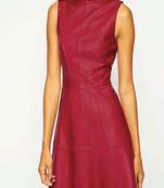 Women’s burgundy lambskin leather sleeveless midi dress