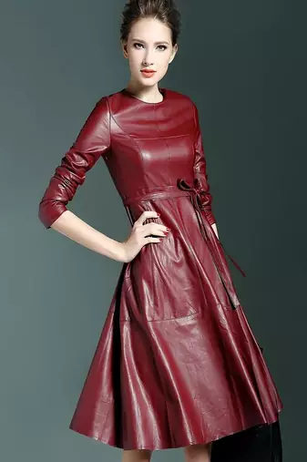 Women’s maroon softlambskin leather quarter sleeve dress