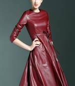 Women’s maroon softlambskin leather quarter sleeve dress
