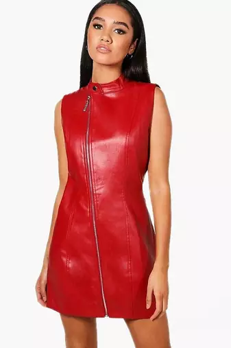 Women’s red lambskin dress fit & flare zip closure sleeveless dress