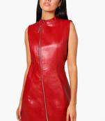 Women’s red lambskin dress fit & flare zip closure sleeveless dress