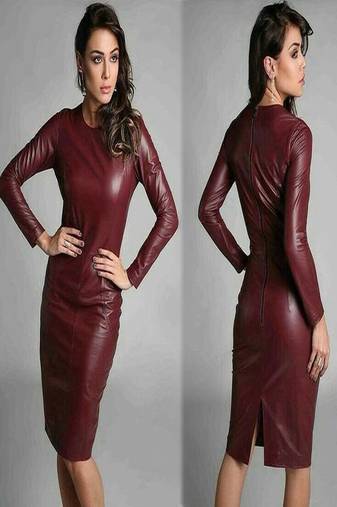 Genuine lambskin maroon dresswomen’s full sleeve bold dress