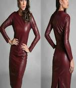 Genuine lambskin maroon dresswomen’s full sleeve bold dress