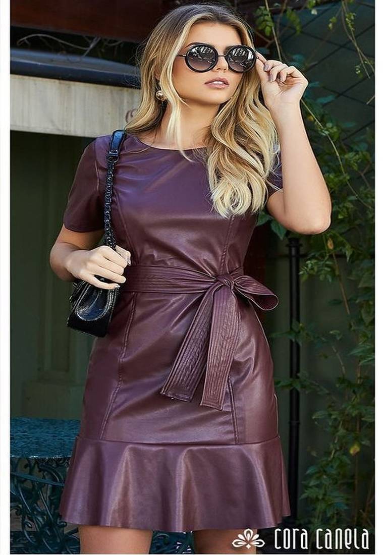Women’s purple lambskin leatherreal leather short sleeve midi dress