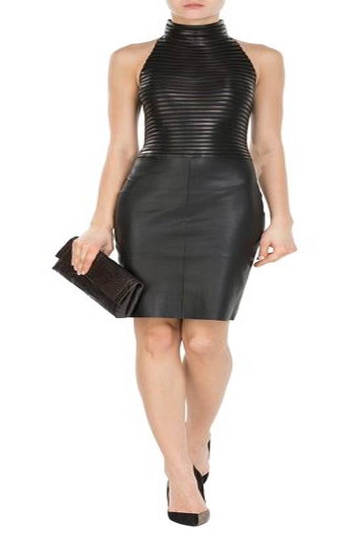 Women’s genuine lambskin black dresssleeveless striped dress