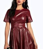 Women’s genuine lambskin burgundy dressfit & flaire short sleeve dress