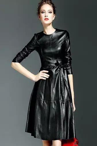 Women’s genuine lambskin black dressfit & flaire long sleeve dress